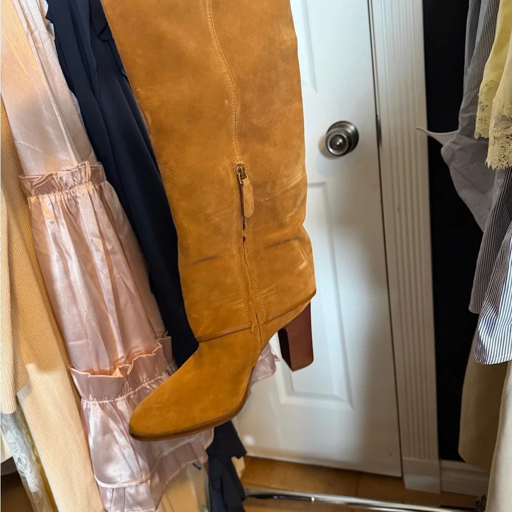 Franco Sarto Camel Suede Heeled Boots - Picture 3 of 7